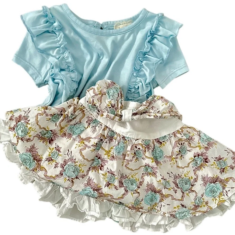 Baby Girl 12 M Ruffle Floral Twirl Tiered Skirt & Matching Ruffle Shirt Set